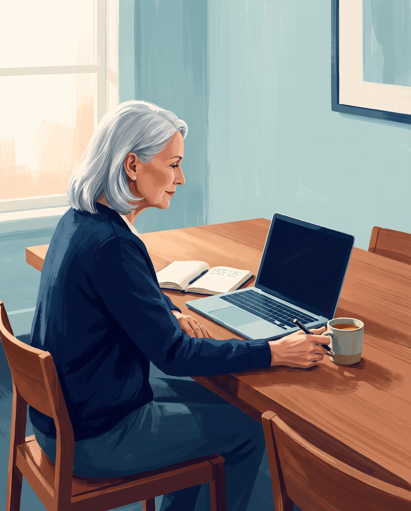 Editorial illustration of an older adult using a laptop beside a notebook in daylight