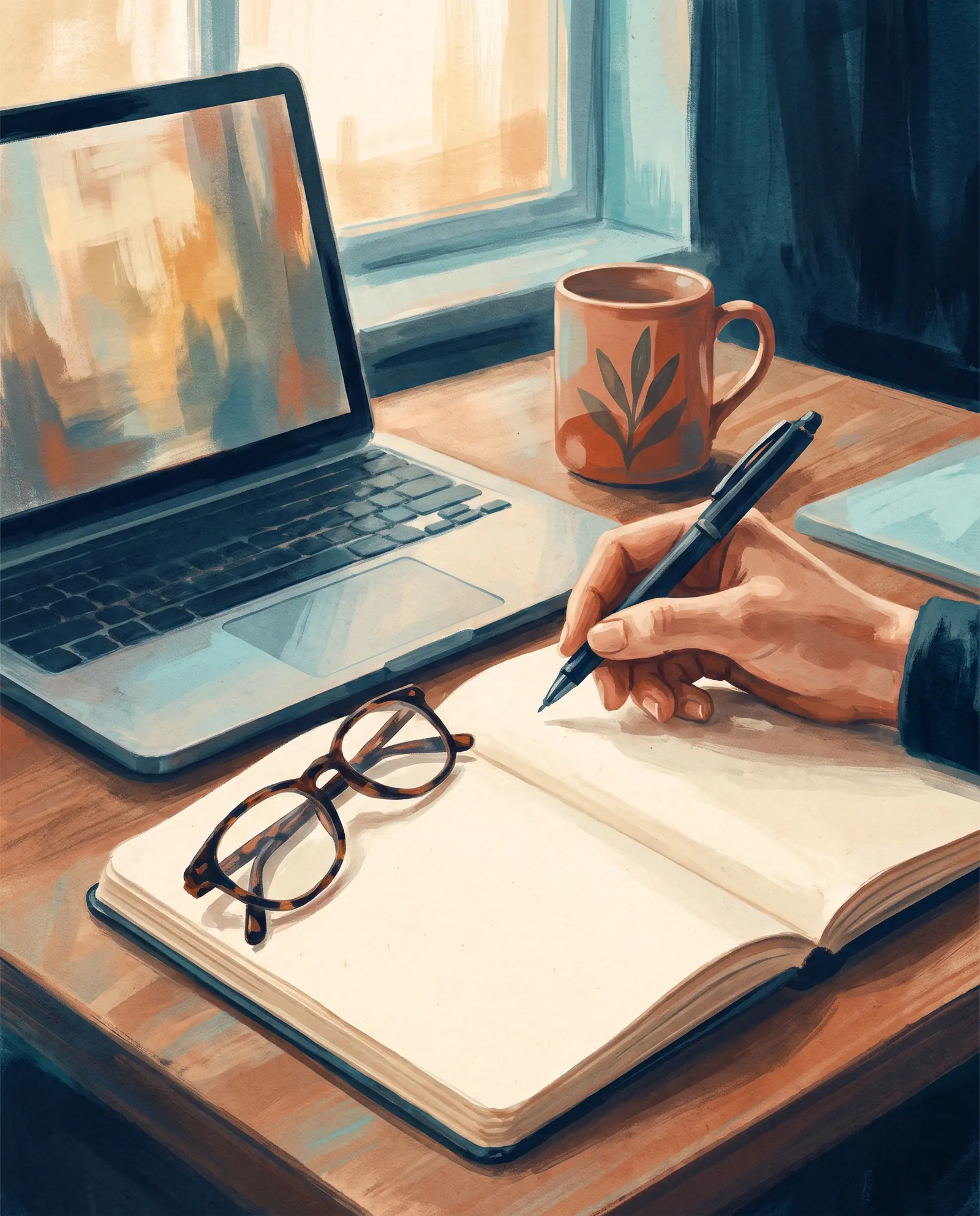 Editorial illustration of a notebook, reading glasses and laptop arranged for careful review