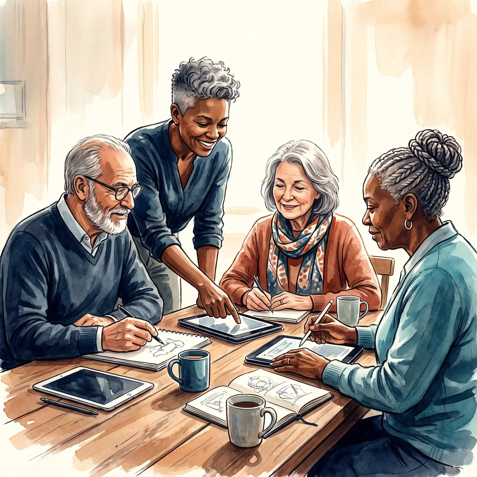 Editorial illustration of older adults practicing together with a facilitator, tablets and notebooks